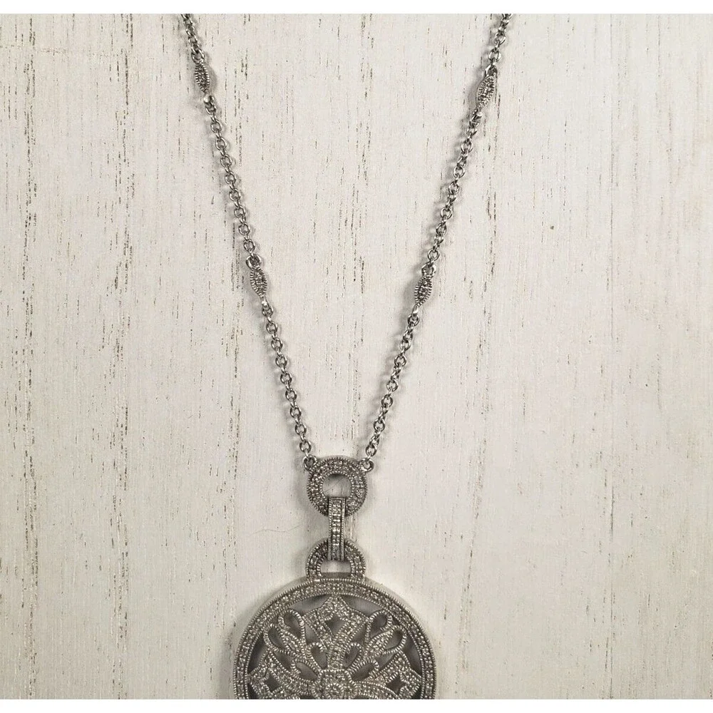 Vintage 925 Sterling Silver w Diamond Circle Cross Hearts Pendant Chain Necklace - Picture 9 of 16